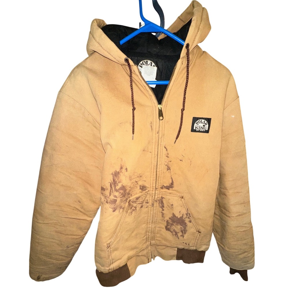 Polar King by Key Mens Tan Cotton Duck Hooded Work Jacket Size 40 Distressed